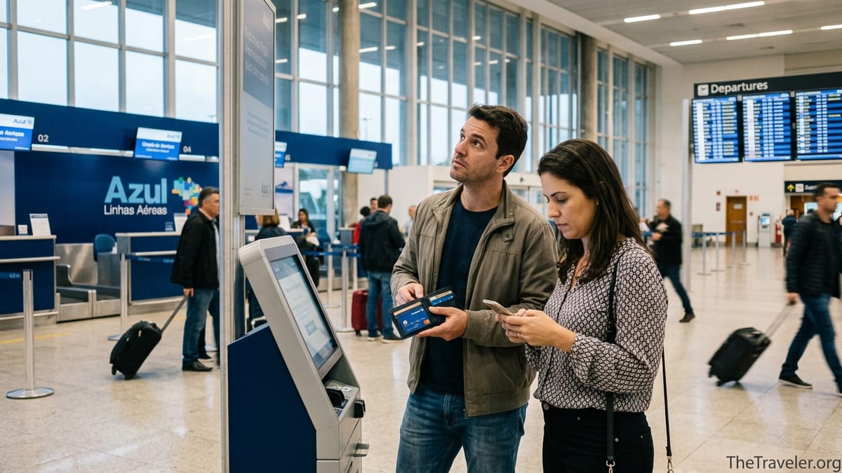Travelers at an Azul check-in area in a Brazilian airport reviewing costs with a credit card in hand.