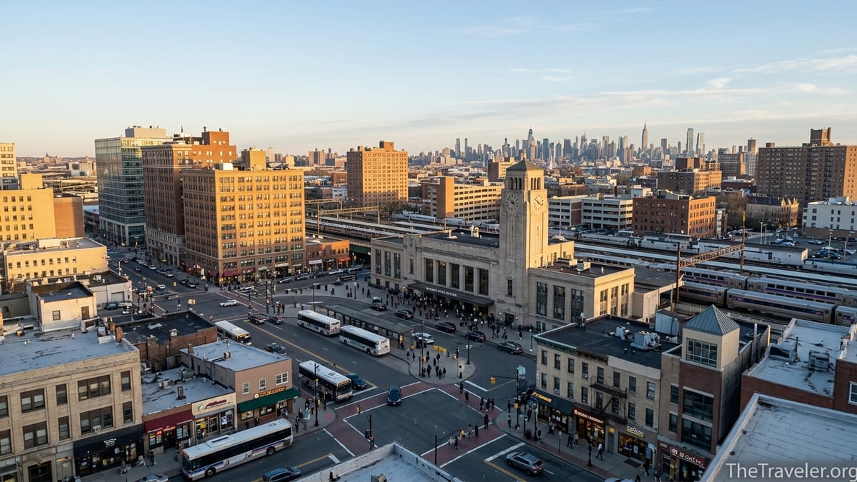 Downtown Newark with Newark Penn Station and distant Manhattan skyline at sunset.