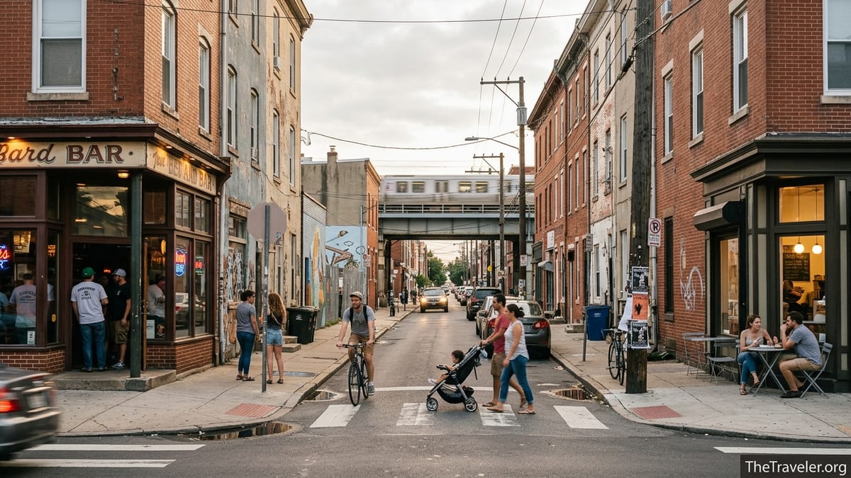 Evening street view of Philadelphia rowhouses and small businesses along a lively neighborhood avenue.