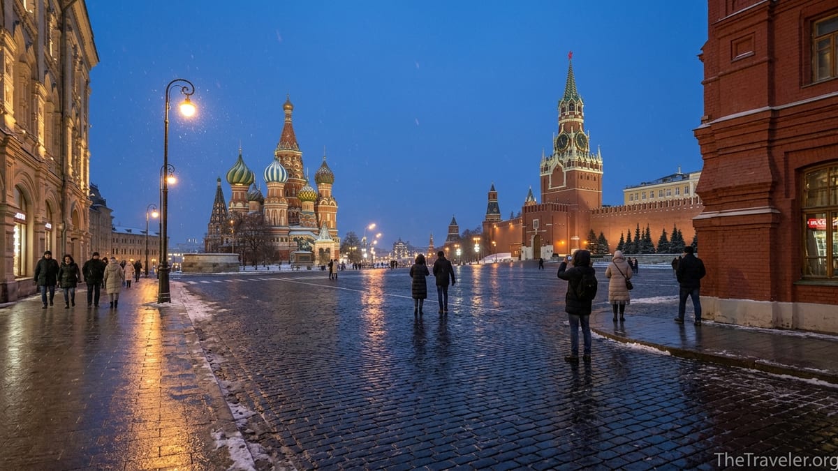 Evening view of Moscow’s Red Square in light snow with St Basil’s Cathedral and Kremlin walls.