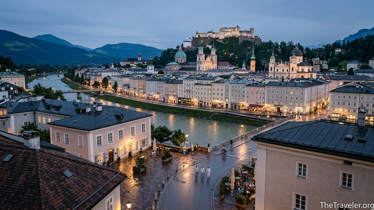 Early evening view of Salzburg’s old town and fortress above the Salzach River with Alpine backdrop.