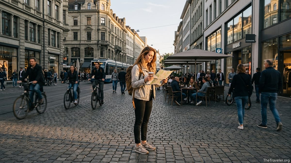 Solo female traveler with a backpack standing in a busy city square at golden hour