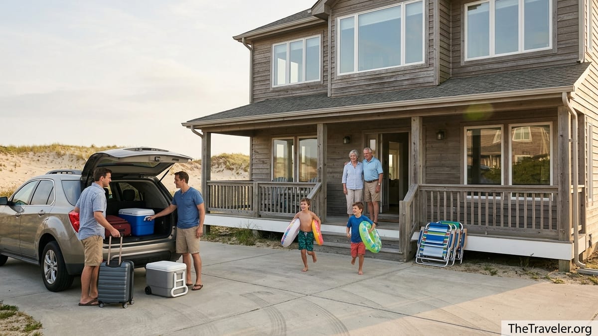 Family arriving at a beach vacation home with luggage and kids running to the porch.