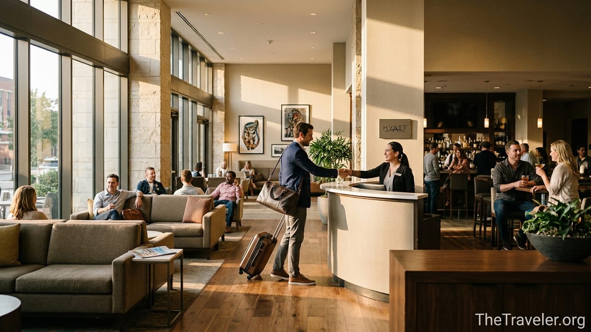 Travelers check in and relax in a stylish Hyatt hotel lobby with warm natural light.