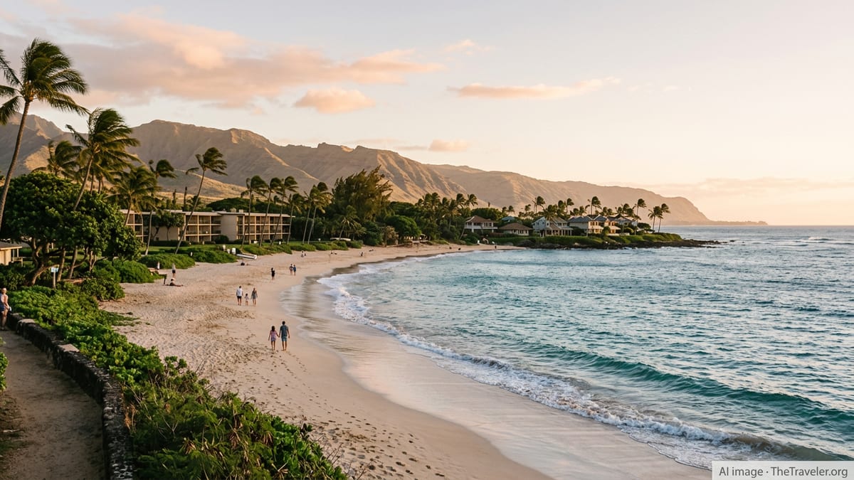 Golden hour view of a Hawaiian beach with gentle waves, palm trees, and distant volcanic hills.