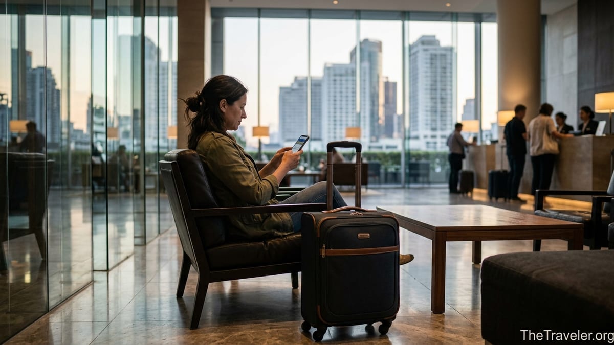 Traveler checking Hotels.com deals on a phone in a modern hotel lobby at dusk
