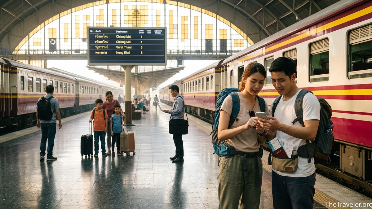 Travelers at Bangkok train station checking tickets on a phone beside an overnight train.