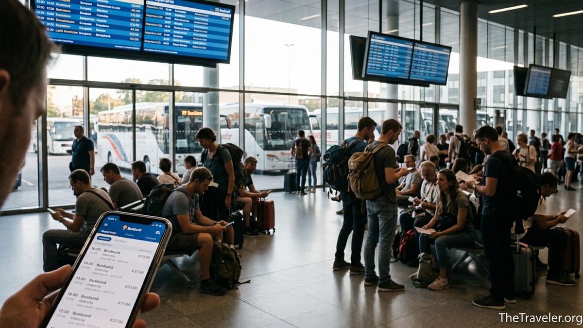 Travelers in a busy bus terminal comparing routes on a phone with buses outside.