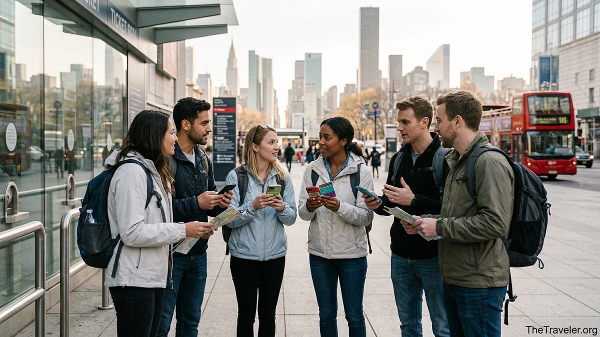 Travelers checking Go City passes on phones near major city attractions.
