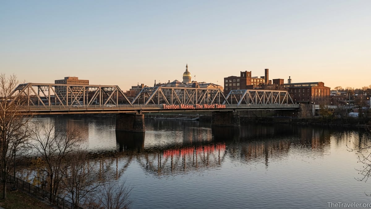 View of Trenton’s bridge with the “Trenton Makes, The World Takes” sign glowing at sunset over the Delaware River.