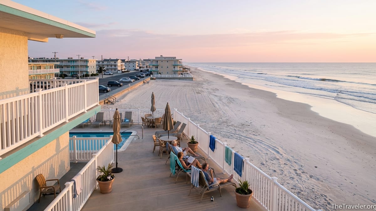 Sunrise over Wildwood Crest beach seen from an oceanfront motel balcony with pool and wide sandy shore.