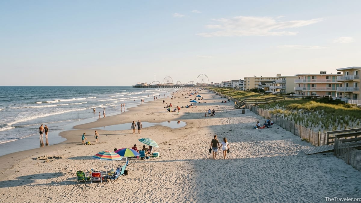 Wide golden hour view of Wildwood Crest beach with dunes, motels, and distant Wildwood boardwalk rides.