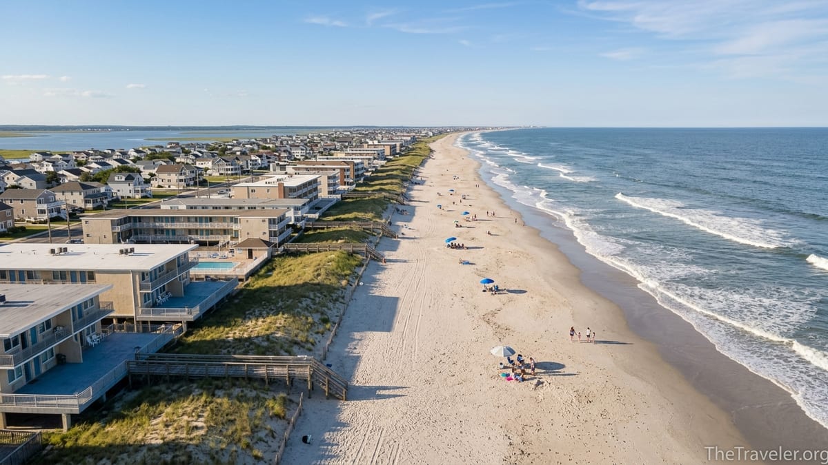 Aerial view of Wildwood Crest showing oceanfront motels, wide beach, and calm summer shoreline.