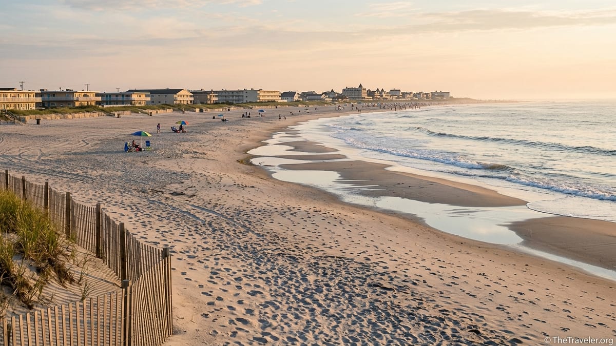 Wide South Jersey beach scene comparing spacious Wildwood Crest shoreline with distant Cape May waterfront at sunrise.