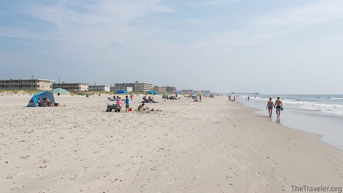 Wide summer beach at Wildwood Crest with families spread out across deep sand walking toward the distant ocean.