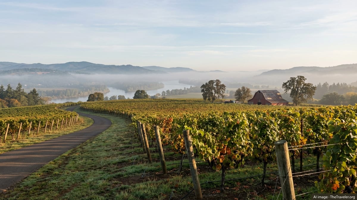 Autumn sunrise over Willamette Valley vineyards and a curving country road in Oregon.