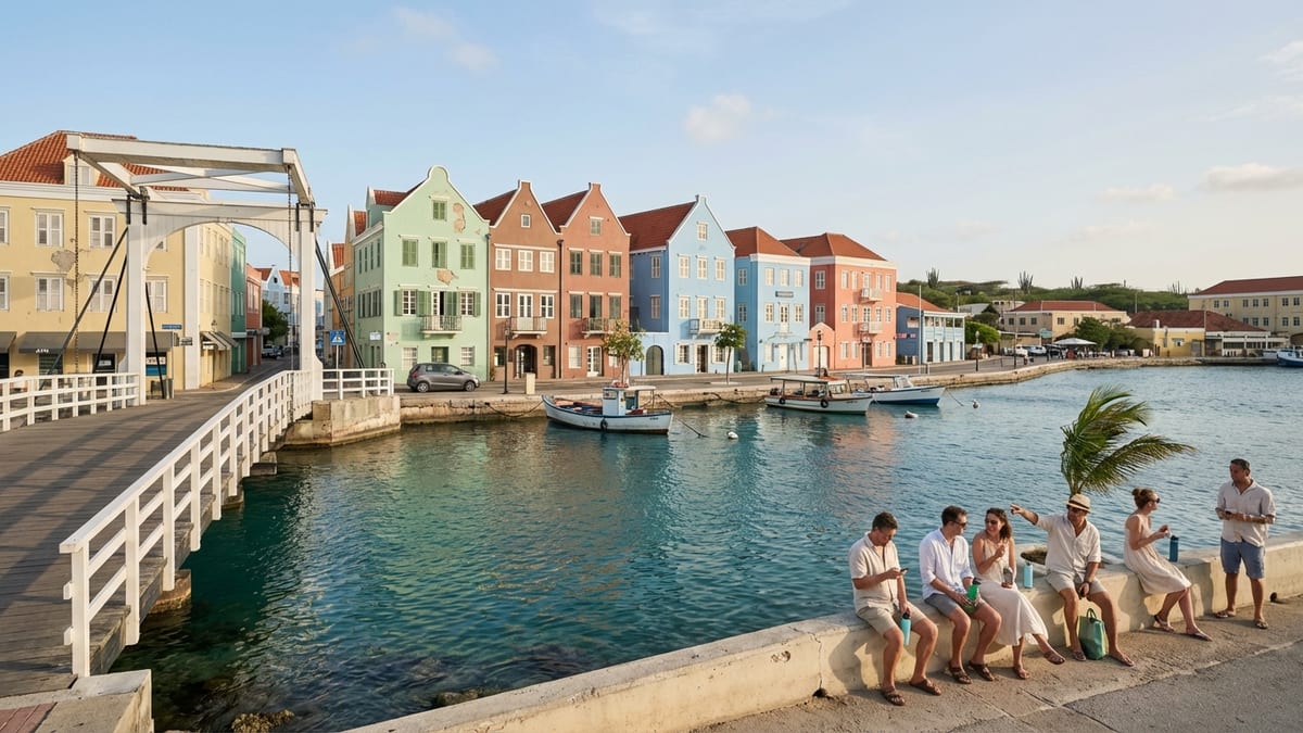 Late afternoon view of Willemstad's pastel-colored cityscape and turquoise bay, Curaçao. 