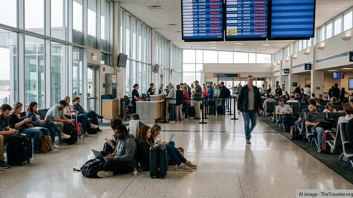 Stranded passengers sit and stand near gates at Wilmington International Airport during delays.