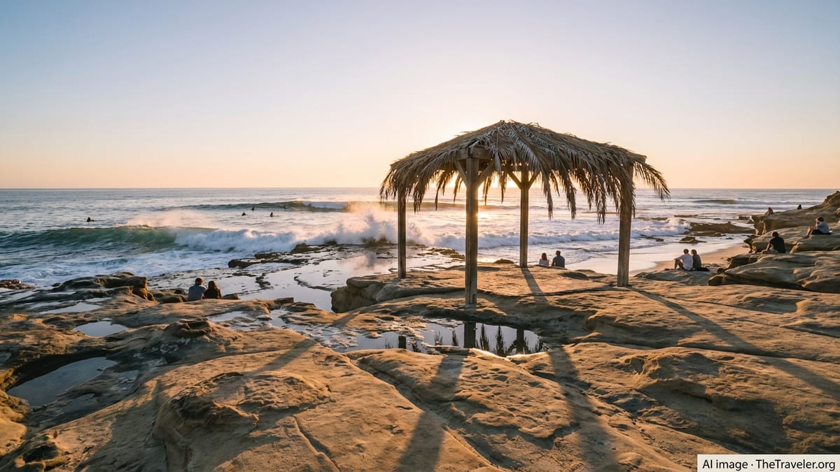 Golden hour view of Windansea Beach in La Jolla with Surf Shack, surfers, and sandstone rocks.