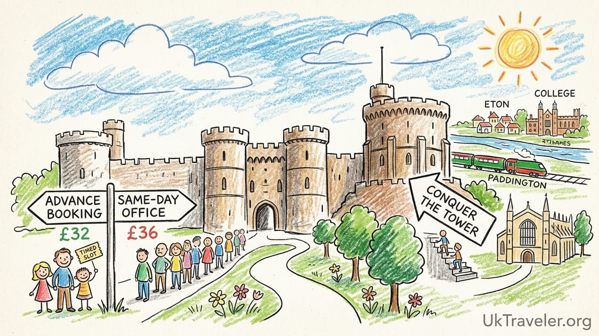 Visitors walking through Windsor Castle’s Upper Ward with the Round Tower in the background.