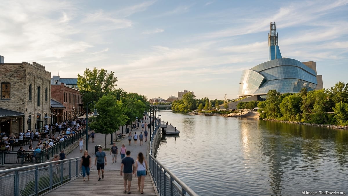 Summer view of Winnipeg’s The Forks riverfront and Canadian Museum for Human Rights at golden hour.