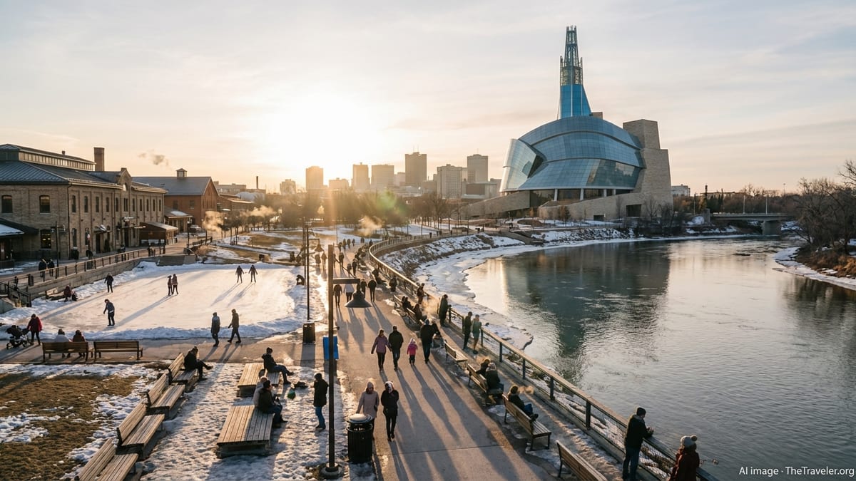 Golden hour view of Winnipeg’s The Forks and Canadian Museum for Human Rights beside the rivers.