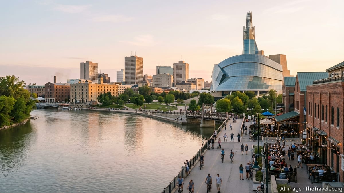Early evening view of The Forks and downtown Winnipeg skyline at the rivers’ confluence.