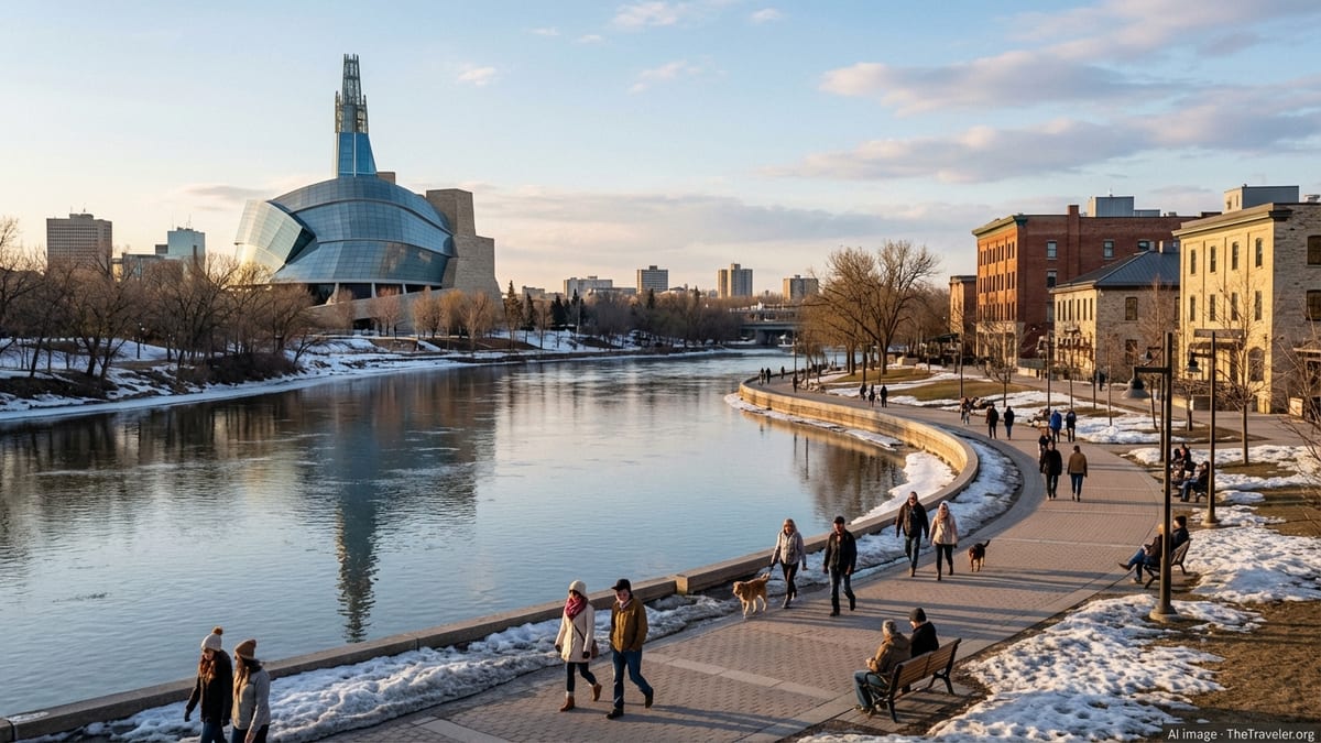 People walking along The Forks riverfront in Winnipeg with the Canadian Museum for Human Rights at sunset.
