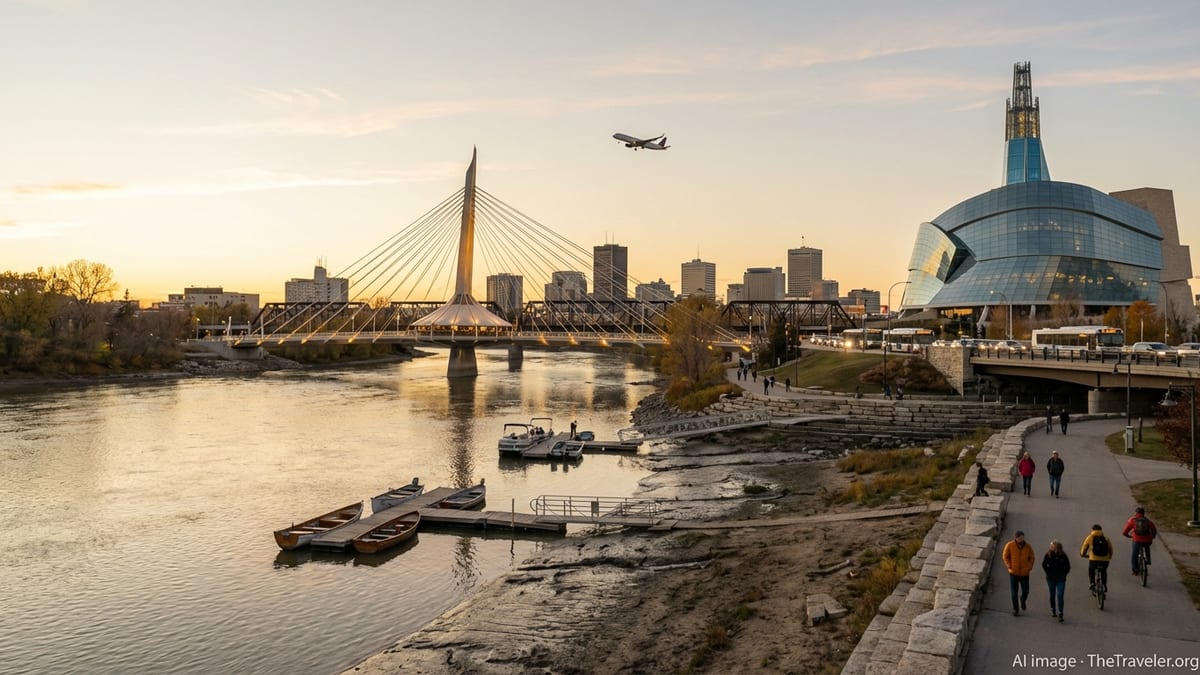 Winnipeg skyline from The Forks at dusk with bridge, river, and pedestrians