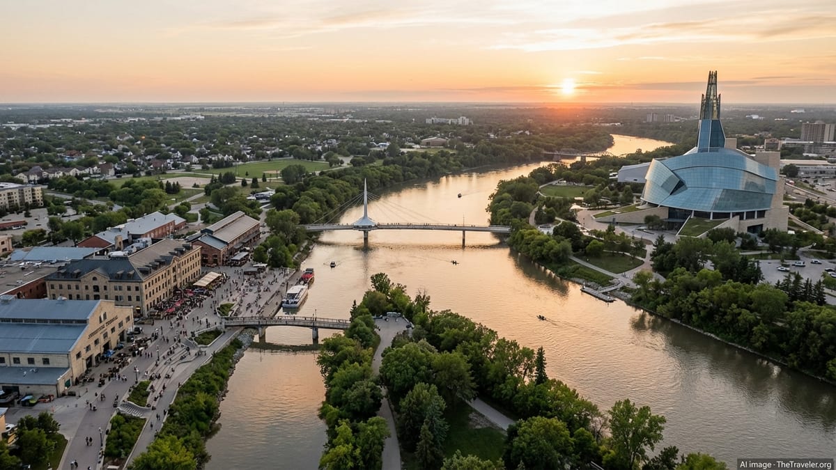Aerial summer view of The Forks and Canadian Museum for Human Rights at Winnipeg’s river junction.