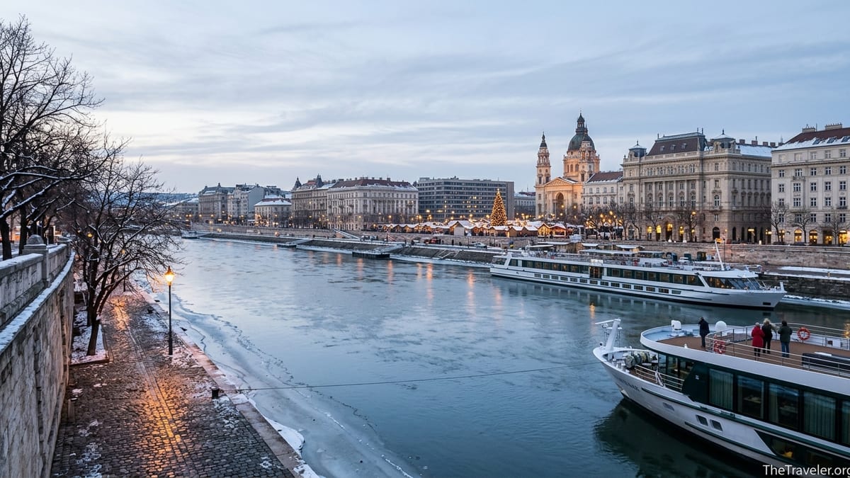 Winter evening view of a Central European river city with a Christmas market by the water.