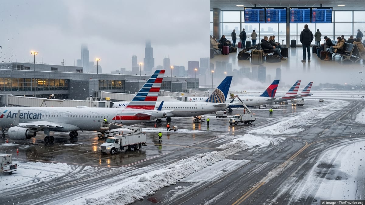 Snow-covered airliners grounded at a US airport as crews de-ice wings during Winter Storm Fernando.