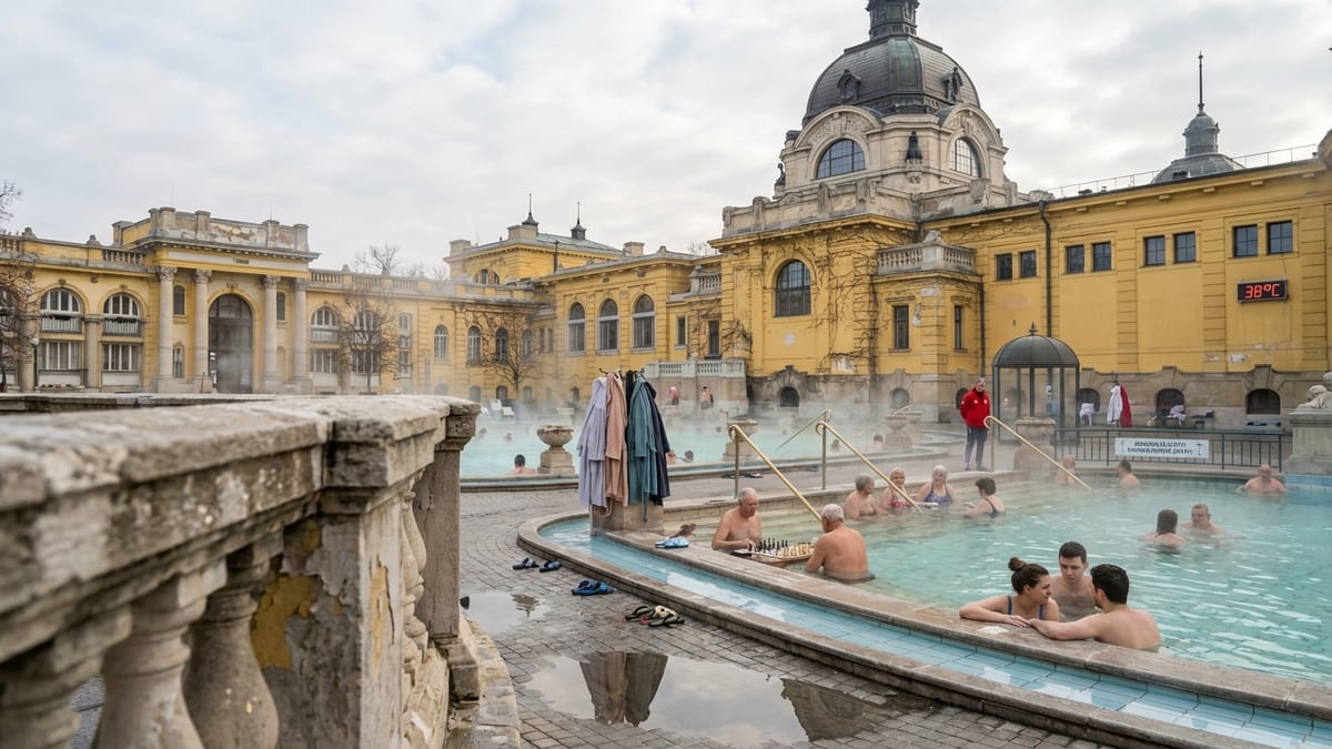 Winter day at Széchenyi Thermal Bath in Budapest with locals enjoying the pools.