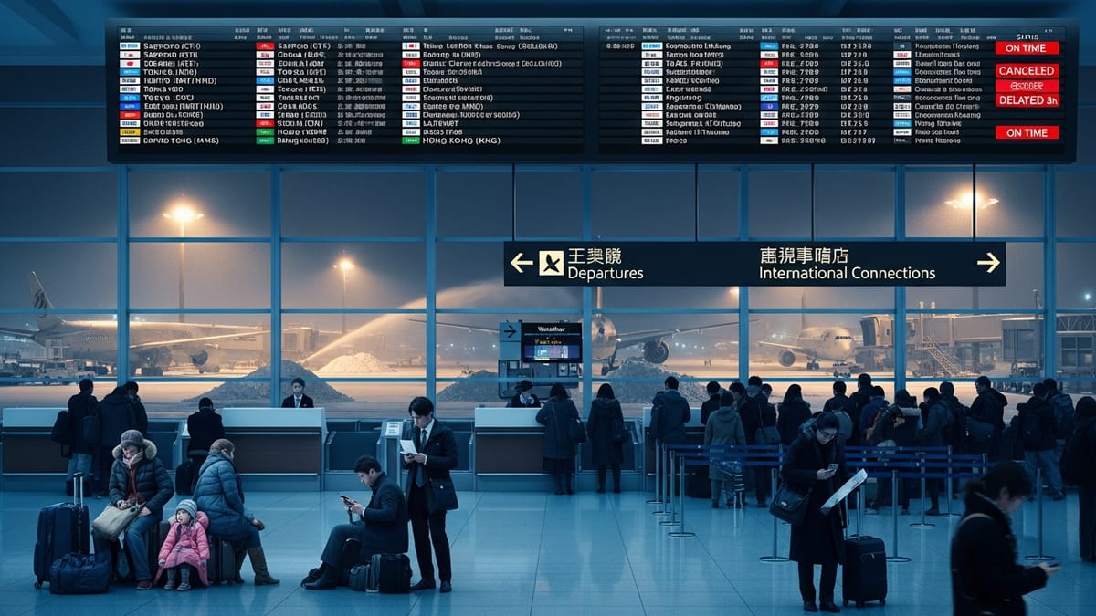 Winter travel chaos at a modern Japanese airport terminal at night.