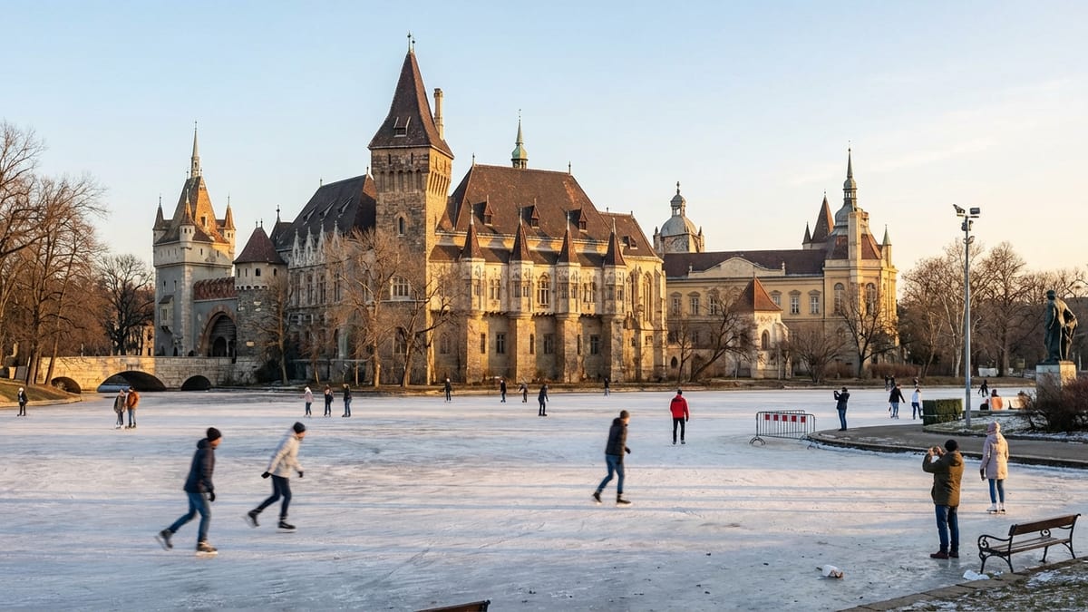 Winter view of Vajdahunyad Castle from City Park lake with skaters on ice rink.