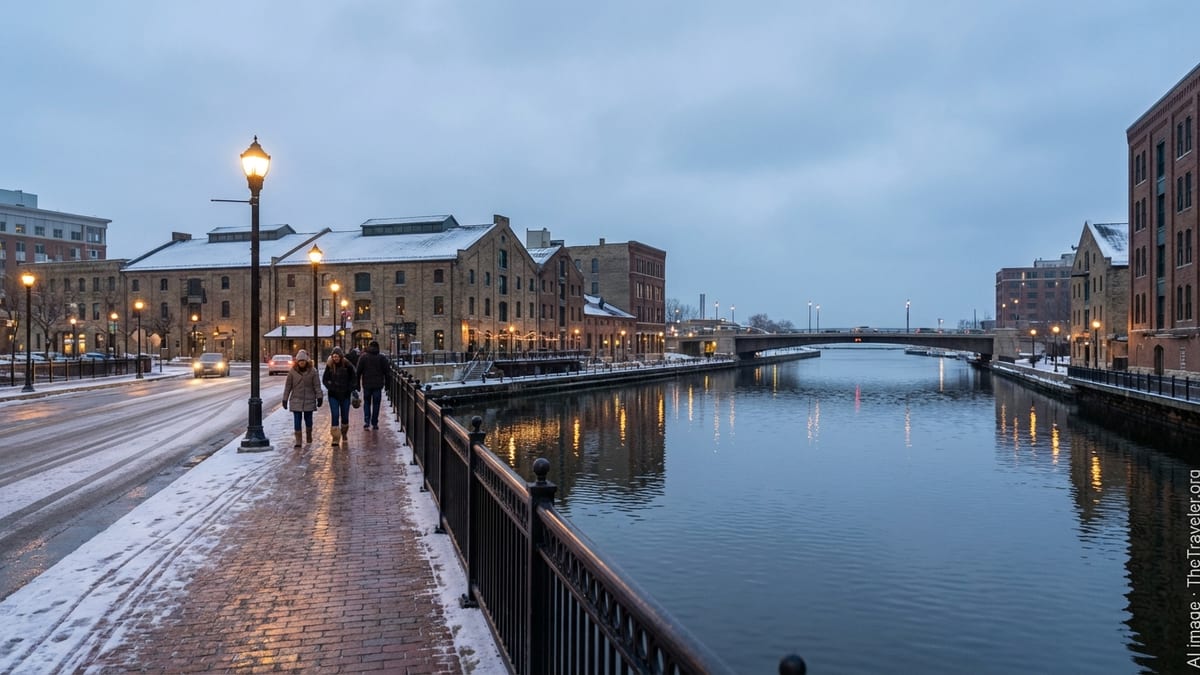 Winter evening view of Milwaukee riverfront with light snow, pedestrians, and warm streetlights.