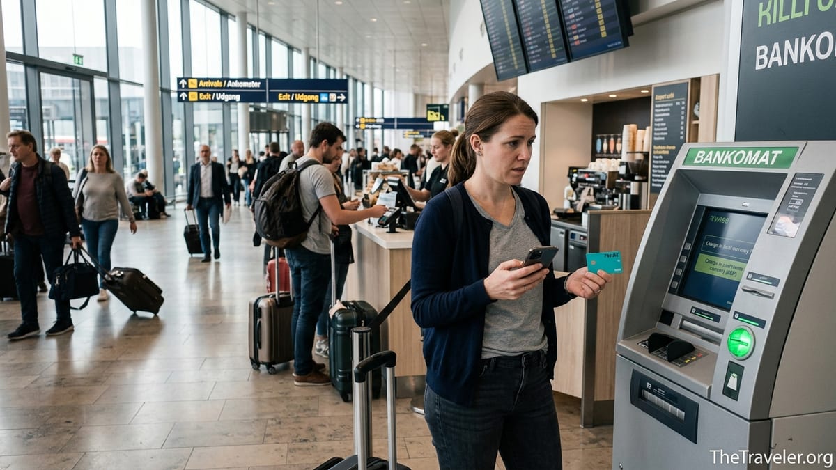 Traveler at an airport ATM holding a Wise card and phone, confused by currency options.