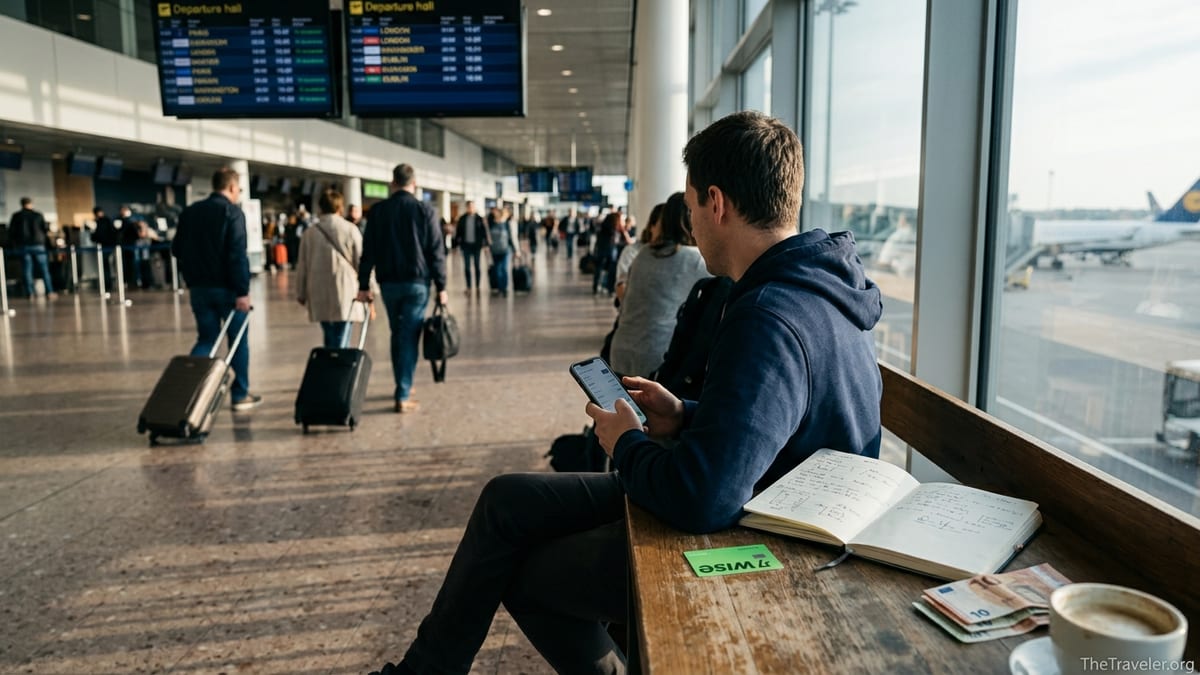 Traveler in an airport checking Wise exchange rates on a phone beside cash and a card.
