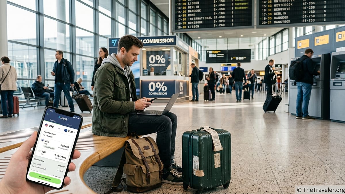 Traveler in an airport checking Wise fees on a phone beside luggage and an ATM.
