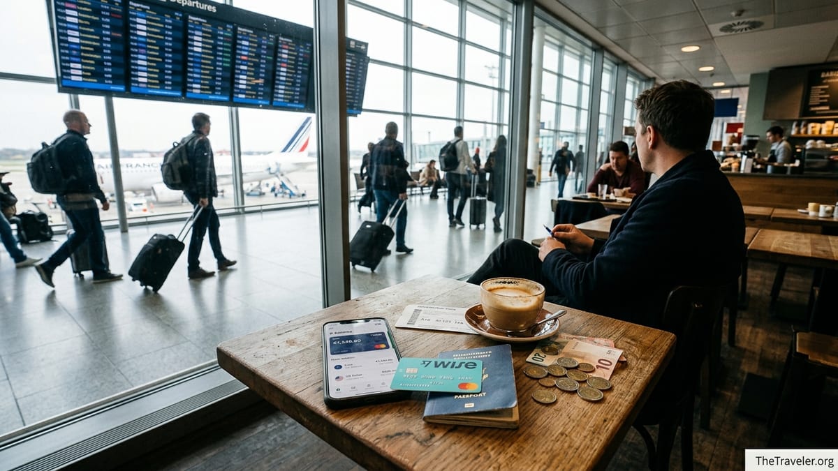 Traveler in an airport café using a Wise card and banking app with euros on the table.