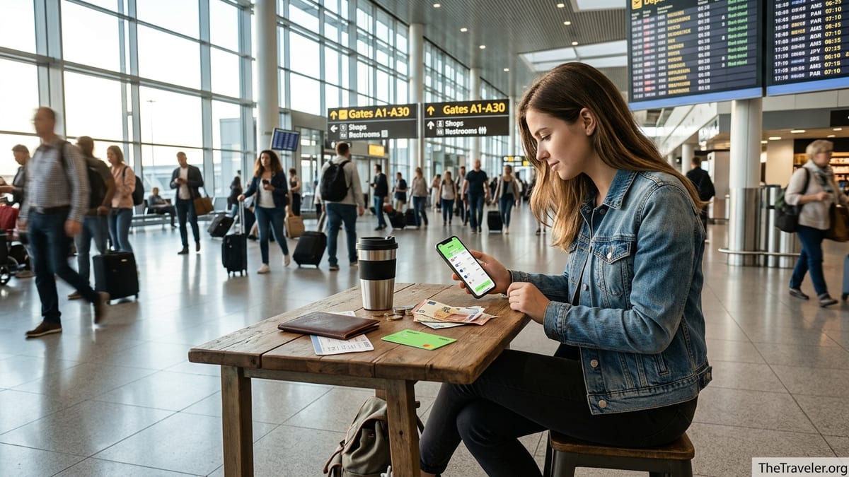 Traveler in an airport using the Wise app with card, cash and passport on a table.
