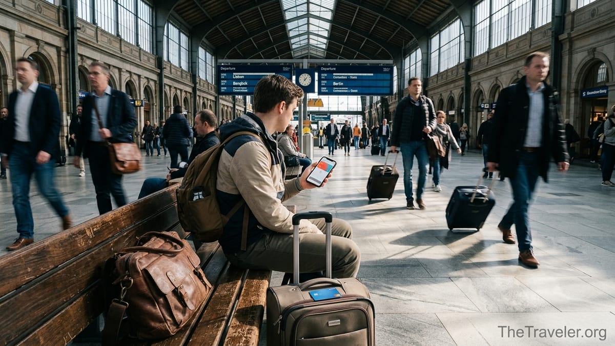 Traveler in a busy European train station comparing travel money apps on a phone.