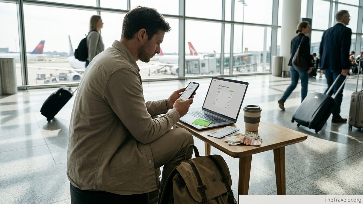 Traveler using a phone and card to manage money in an airport lounge