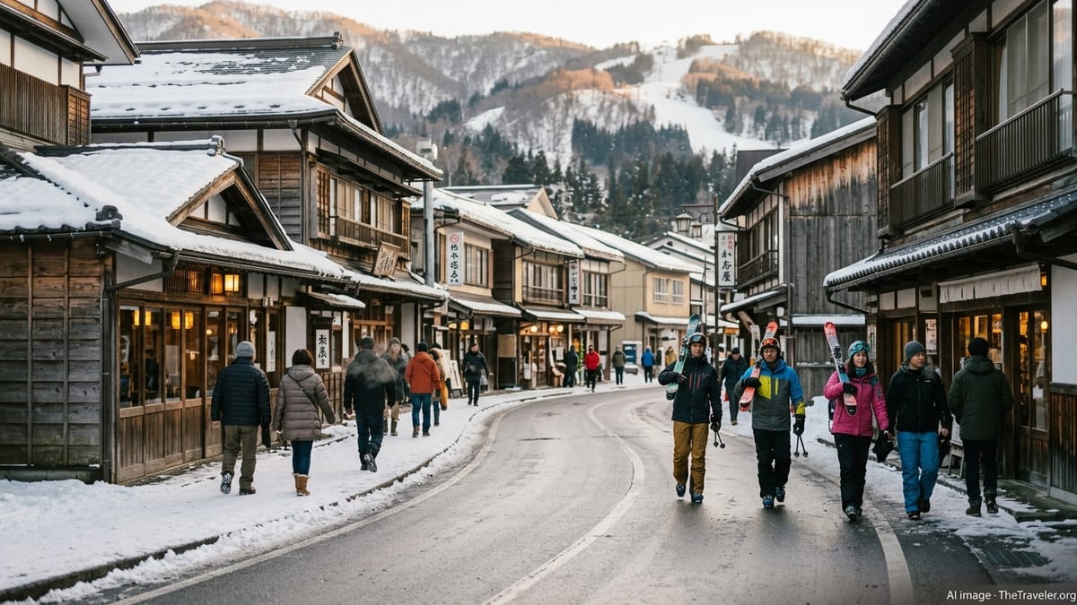 Busy winter street in a Japanese ski town with snow, skiers and mountains at sunset.