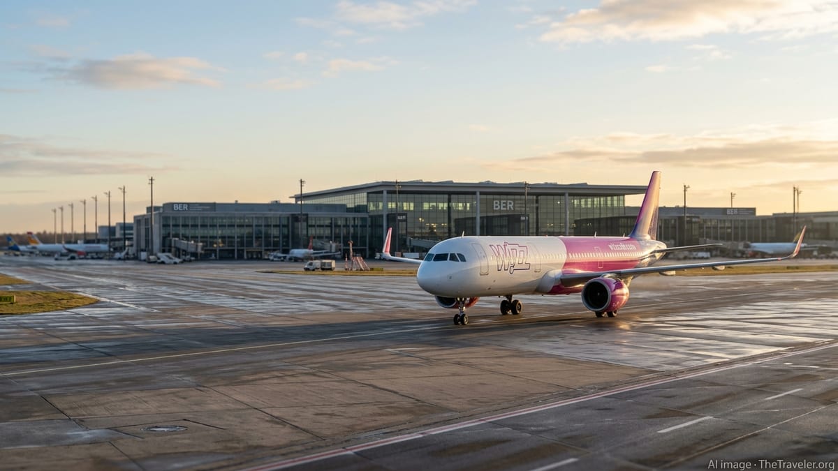 Wizz Air Airbus A321neo taxiing at Berlin Brandenburg Airport on a clear morning.