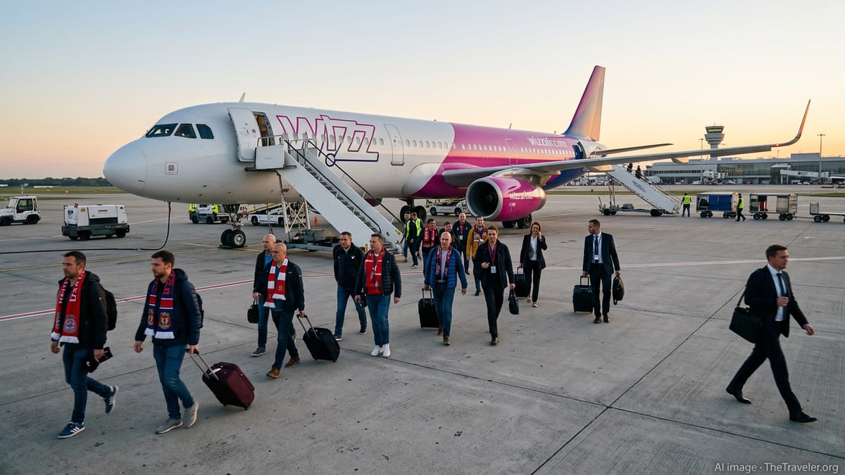 Wizz Air UK jet boarding sports fans and corporate travellers at a dawn airport apron.