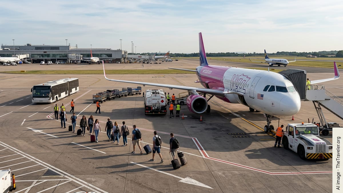 Wizz Air UK aircraft on a busy London apron with passengers and ground crew preparing for flights.