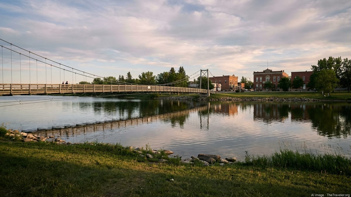 Fairly Lake and the swinging bridge in Wolseley, Saskatchewan at sunset with historic buildings beyond.
