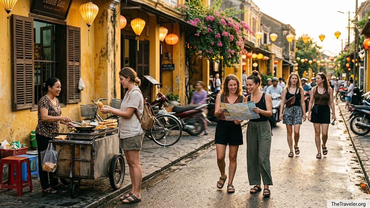 Solo women travelers walking along a lantern-lit street in Hoi An at sunset.