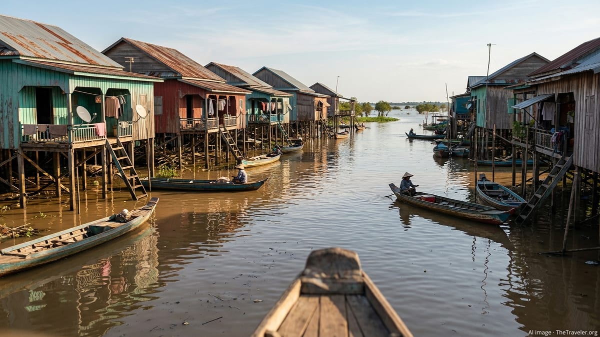 Wooden boat sailing through a Cambodian stilt-house village on a muddy tributary.
